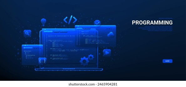 Web and app development concept. Concept of Information technologies, computer engineering or coding, developing software or game. Polygonal vector illustration.