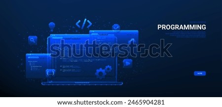 Web and app development concept. Concept of Information technologies, computer engineering or coding, developing software or game. Polygonal vector illustration.