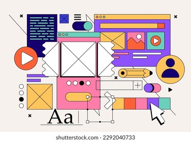 Web or App development concept with UI UX elements collage for web banner op poster. Vector illustration svg