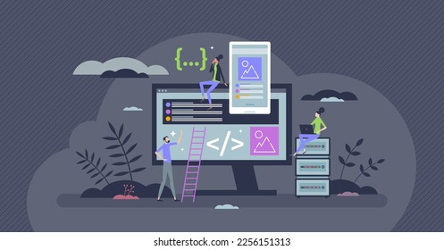 Web-App-Entwicklung und Telefonanwendungen Programmieren winzige Person-Konzept. Digitales Online-Projekt mit Web-Code-Schreiben, Design-Erstellung und reaktionsschnelle Skriptoptimierung Vektorgrafik.