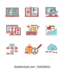 Web and app development, programming and project management icons thin line set. Design process, working desk, prototyping and mockups. Flat style color vector symbols isolated on white.