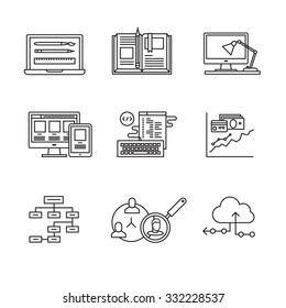 Web and app development, programming and project management icons thin line art set. Design process, working desk, prototyping and mockups. Black vector symbols isolated on white.