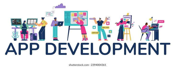 Web and app development vector heading banner. Software developer working with computers. Programmer engineering and coding website interface. Application and landing page design project