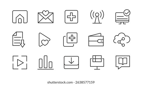 Web and App line icon set. Internet, contact information, home, phone, location, address, website, mail, fax, playback, streaming, film strip, feed, youtube line icon set. Ui thin line icon pack. 