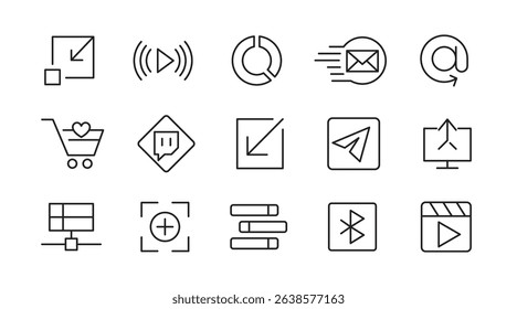 Web and App line icon set. Internet, contact information, home, phone, location, address, website, mail, fax, playback, streaming, film strip, feed, youtube line icon set. Ui thin line icon pack. 