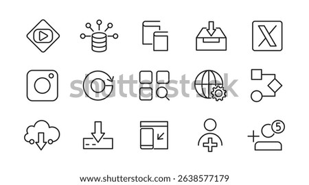 Web and App line icon set. Internet, contact information, home, phone, location, address, website, mail, fax, playback, streaming, film strip, feed, youtube line icon set. Ui thin line icon pack. 