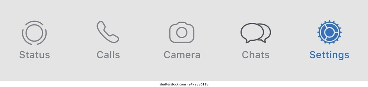 web app navigation bottom tab bar for phone. Navigation elements include status, calls, camera, chats and settings icon. Highlighted icon in blue color.