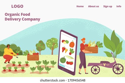 Web app for organic food delivery, healthy natural vegetables and fruits for vegeterians web page flat vector illustration. Man on bicyle with box of organic food and phone delivery application.