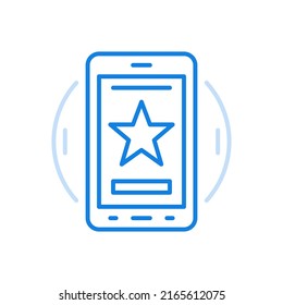 
Web app rating vector line icon. Online voting for best service. Star on smartphone screen. Brilliant award for positive work of commercial online store. Good comments and reviews.