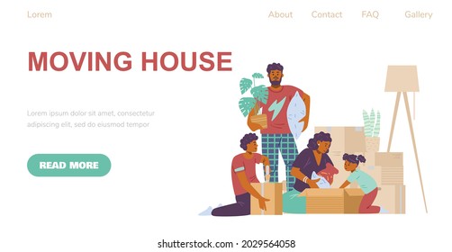 Web app for relocation services of family. Happy couple with children packing or unpacking things in cardboard boxes for moving at new house. Vector flat cartoon illustration.