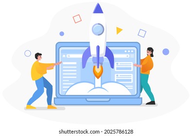 Web app startup, website launch. Rocket take off from web page. Moder vector illustration