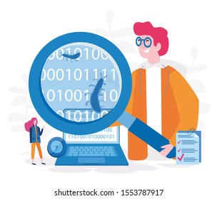 Web app tester, Software testing, search and catch software bugs. Vector illustration for web banner, infographics, mobile. 