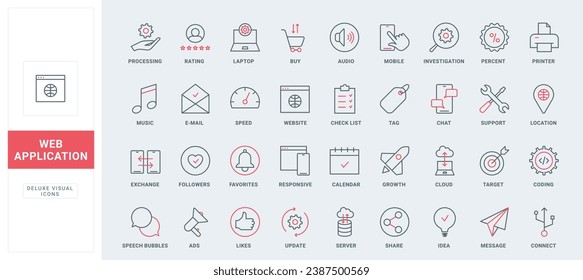 Web app thin black and red line icons set vector illustration. Outline applications with responsive interface for social media and messengers, search and buy digital music, cloud data exchange