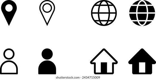 Web or App UI User Interface Symbol Icon Set including Location Pointer Hotspot World Earth Globe Language Selection Profile Account Avatar Person Home House Homepage Signs. Vector Image.