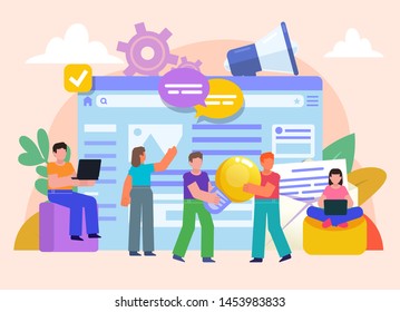 Web app or website creation process concept. Group of people, team building website. Flat design vector illustration. Poster for social media, web page, banner, presentation.