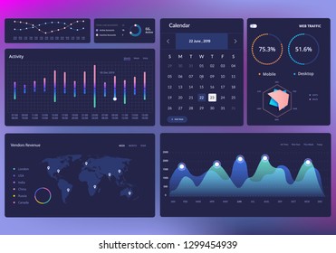 Web Application Data Infographic UI UX.  Dashboard, finance graphs, pie chart and column diagrams. Analytical vector infographics