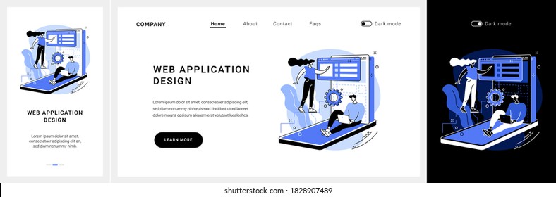 Web application design website UI kit. Desktop software development, programmer team, web design service, project management, user interface, page menu bar landing and mobile app vector UI template.