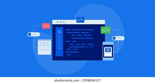 Web application development, App interface coding, Software development, testing mobile app - vector illustration banner with icons on isolated background