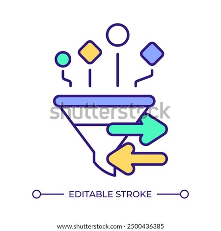 Web application firewall RGB color icon. Traffic funnel filtering. Network infrastructure, cybersecurity. Data privacy. Isolated vector illustration. Simple filled line drawing. Editable stroke