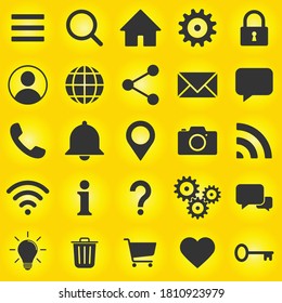Web application interface icon collection. Vector symbol set. Search, home, settings, account, lock and info button sign. Cogwheel, magnify, wi-fi and user profile logo. Isolated on yellow background.