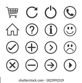Web application interface icon collection. Vector symbol set. home, shopping cart,  power and info button sign. question, happy, sad and checkmark logo. Isolated on white background.