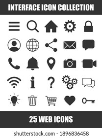 Web application interface icon collection. Vector symbol set. Search, home, settings, account, lock and info button sign. Cogwheel, magnify, wi-fi and user profile logo. Isolated on white background.
