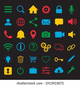 Web application interface icon collection. Internet page and website vector symbol set. Search, home, settings, account, lock and info button sign. Cogwheel, magnify, wi-fi and user profile logo.