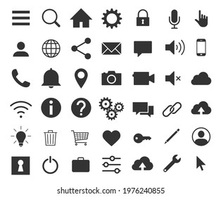 Web application interface icon collection. Internet page and website vector symbol set. Search, home, settings, account, lock and info button sign. Cursor, magnify, wi-fi and user profile logo.