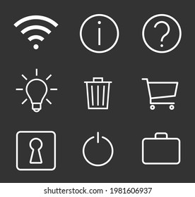 Web application interface icon collection. Internet page and website vector symbol set. wi-fi, info, question mark, lightbulb, trashcan and shopping cart button sign. Keyhole, power, and suitcase logo