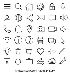 Web application interface icon collection. Internet page and website vector symbol set. Search, home, settings, account, lock and info button sign. Mouse cursor, magnify, wi-fi and user profile logo.