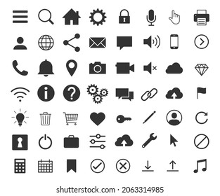 Web application interface icon collection. Internet page and website vector symbol set. Search, home, settings, account, lock and info button sign. Cogwheel, magnify, wi-fi and user profile logo.