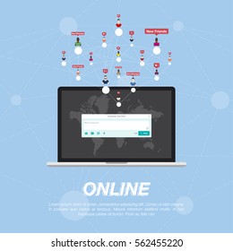 Web application on laptop and Icon for social network. Notification icons Flat vector illustration EPS 10.