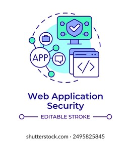 Web Application Security Multi Color Concept-Symbol. API-Schnittstelle, SDLC. Datenschutz. Darstellung der runden Formlinie. Abstrakte Idee. Grafikdesign. Einfache Verwendung in Infografik, Präsentation