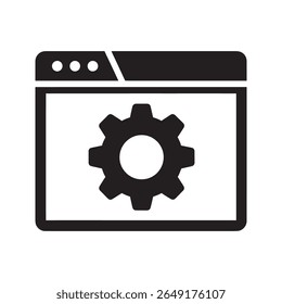 Ícone de configurações de aplicativo Web com uma engrenagem em um navegador para manutenção de software de configuração de ferramenta on-line e ícone de glifo sólido de vetor de personalização de interface do usuário