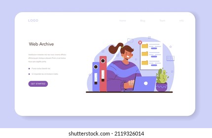 Web archive web banner or landing page. Online managing and maintaining of documents and other materials in company, museum or library. Data base organization. Flat vector illustration