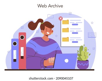 Web archive concept. Online managing and maintaining of documents and other materials in company, museum or library. Data base organization. Flat vector illustration