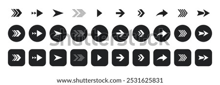 Web arrow cursor button icon set. Flat round square style arrows collection for user interface design. Vector illustration