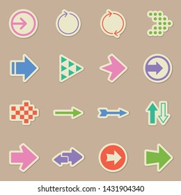 web arrows color sticker vector icons. arrows paper labels with transparent shadow on beige background for web, mobile and user interface design