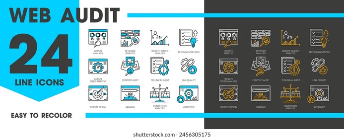 Web audit line icons, SEO analysis, web and digital marketing technologies vector outline symbols. Website traffic, keywords, speed and content analysis, link quality and tech audit isolated signs