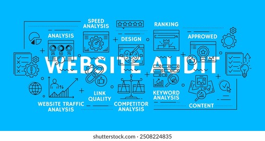 Ícones de linha de auditoria da Web de análise de sites e análise de palavras-chave, plano de fundo vetorial. Ícones de estrutura de tópicos de auditoria da Web de otimização de conteúdo e análise de desempenho da Web para classificação e tráfego de sites