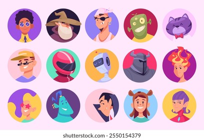 Avatar de Web. Emoticonos con caras divertidas criaturas de cuento de hadas animales mascotas de juegos personas de fantasía máscaras espeluznantes avatares de Vector exacto establecidos en