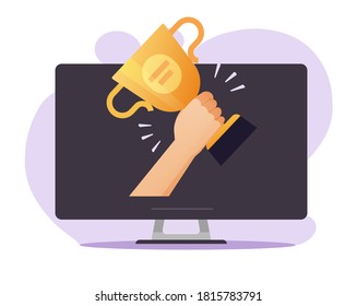 Web award online internet digital vector on computer pc, electronic winner prize achievement, victory golden cup trophy flat cartoon, concept of championship competition gift, contest challenge win