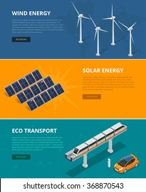 Web backgrounds eco power sources such as wind turbines, solar panels, eco transport. Ecological low and zero emission renewable electricity power energy generation devices. 