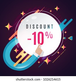 Web badge with pointed finger. Shopping conception banner in modern designe. Advertising template with place for text. Vector illustration