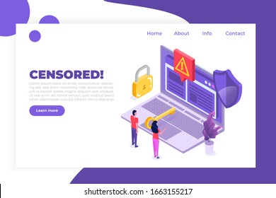 Web ban bypass, Internet censorship bypassing. Content control blocking, filtering offensive chats messaging. Vector isometric illustration. 