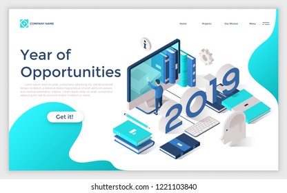 Web banner with 2019 number, man touching giant computer screen, books, planners. Year of opportunities in work organization and planning. Modern design template. Isometric vector illustration.