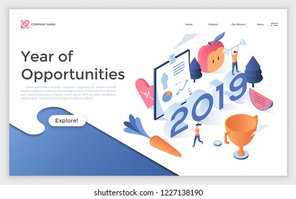 Web banner with 2019 number, man with barbell, jogging woman, golden champion cup. Year of opportunities in healthy lifestyle, sports activities. Modern design template. Isometric vector illustration.