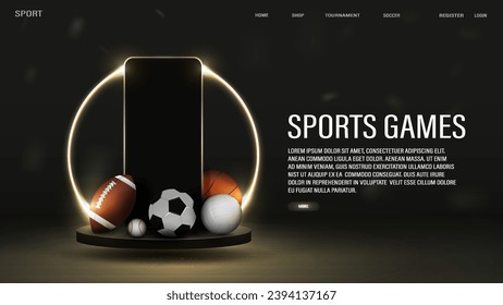 Web-Banner mit 3D-Bälle für Fußball, Fußball, Basketball, Baseball und Volleyball auf dem Podium mit einem Neonrahmen in Schwarz und Gold. Ein Konzept für Sportwetten.