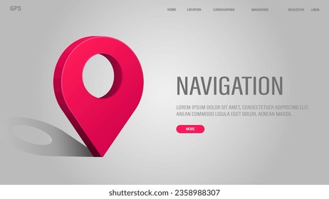 A web banner with a 3d icon map pin with a shadow in pink on a white background with text. A concept for navigation.