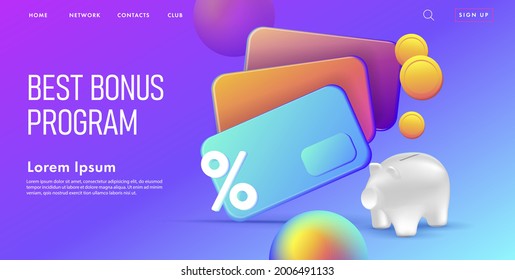 Web banner with 3d illustration of bank credit cards with saving pig and coins, modern plastic render graphic, online banking landing page on purple backdrop